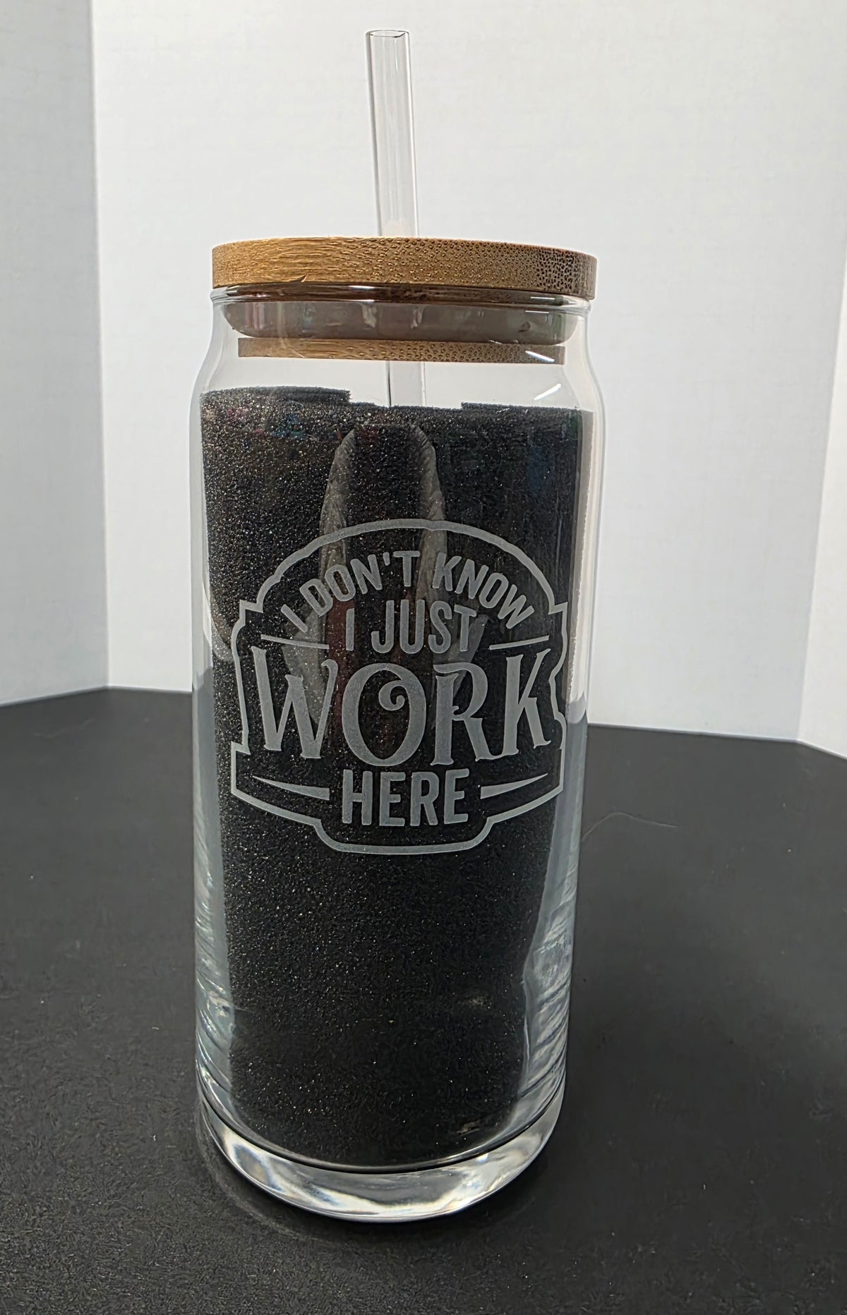 IDK I Just Work Here - 20oz Drinking Glass with Bamboo Lid and Straw
