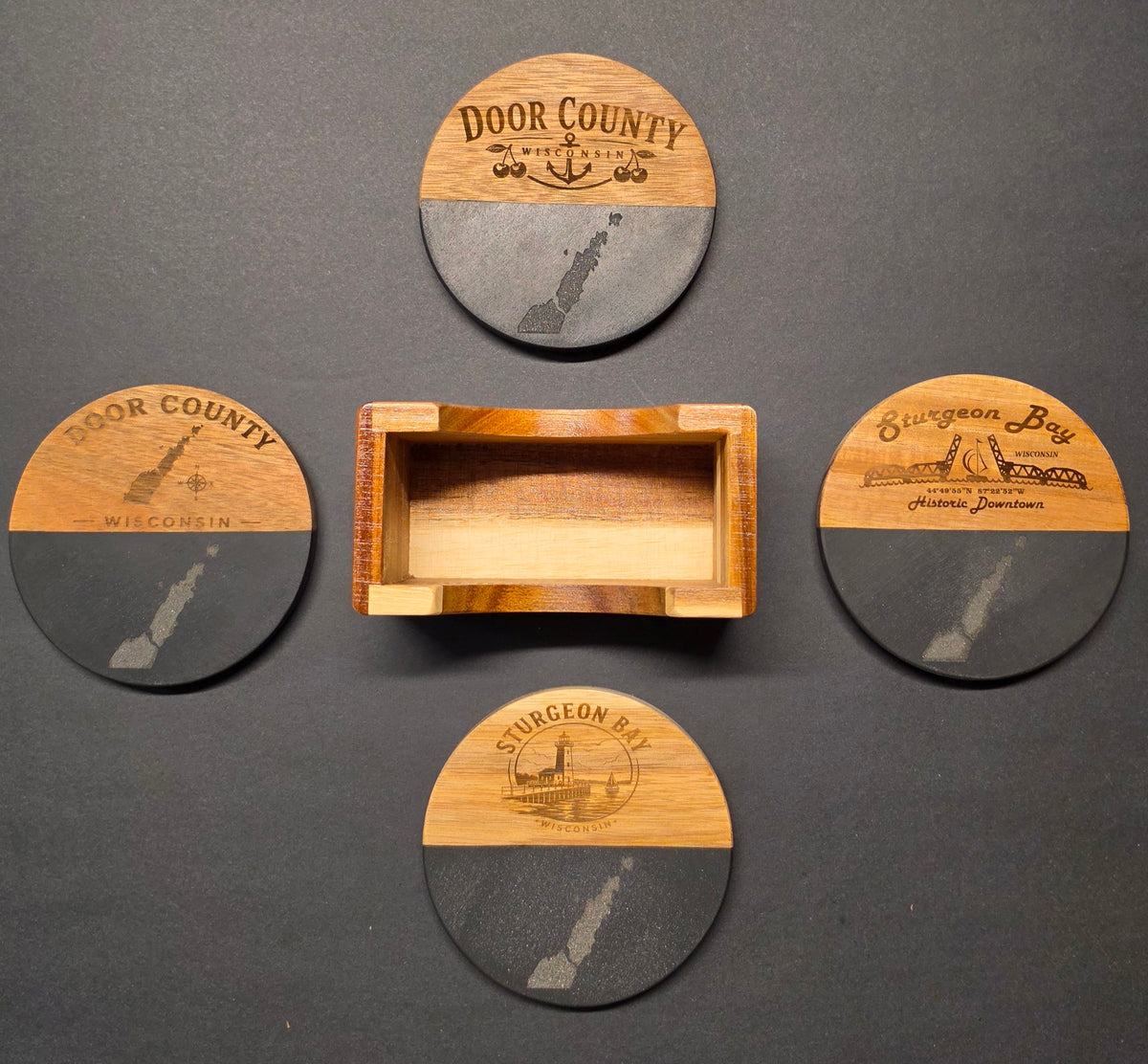 Door County / Sturgeon Bay Themed Laser Engraved Coasters - Acacia Wood and Marble