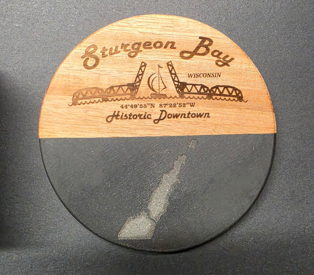 Door County / Sturgeon Bay Themed Laser Engraved Coasters - Acacia Wood and Marble