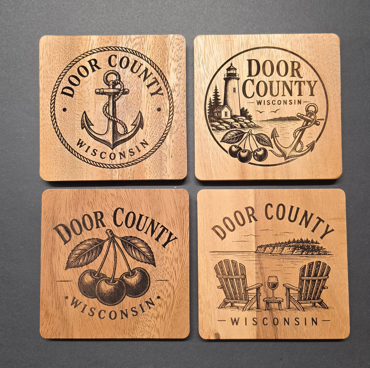 Door County Themed Laser Engraved Coasters with Metal Holder