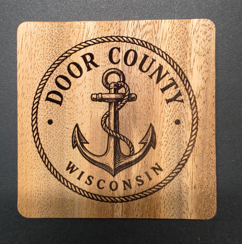 Door County Themed Laser Engraved Coasters with Metal Holder