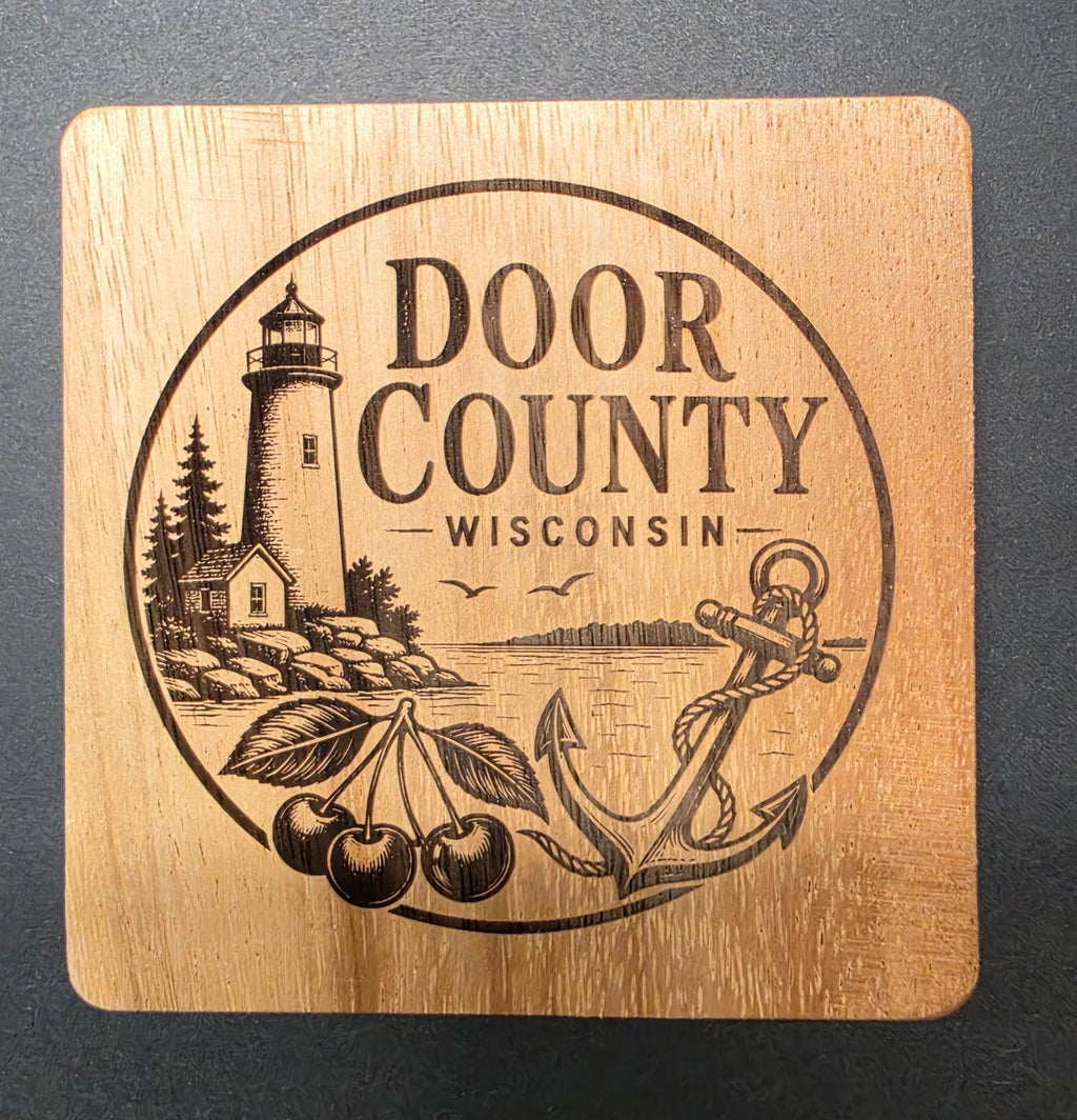 Door County Themed Laser Engraved Coasters with Metal Holder