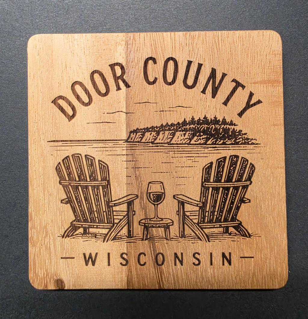 Door County Themed Laser Engraved Coasters with Metal Holder