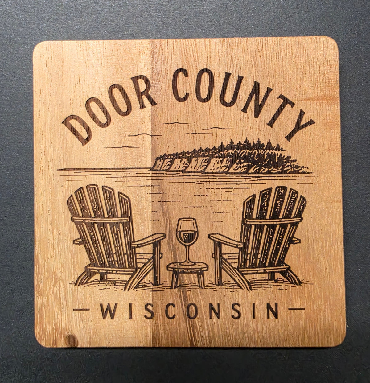 Door County Themed Laser Engraved Coasters with Metal Holder