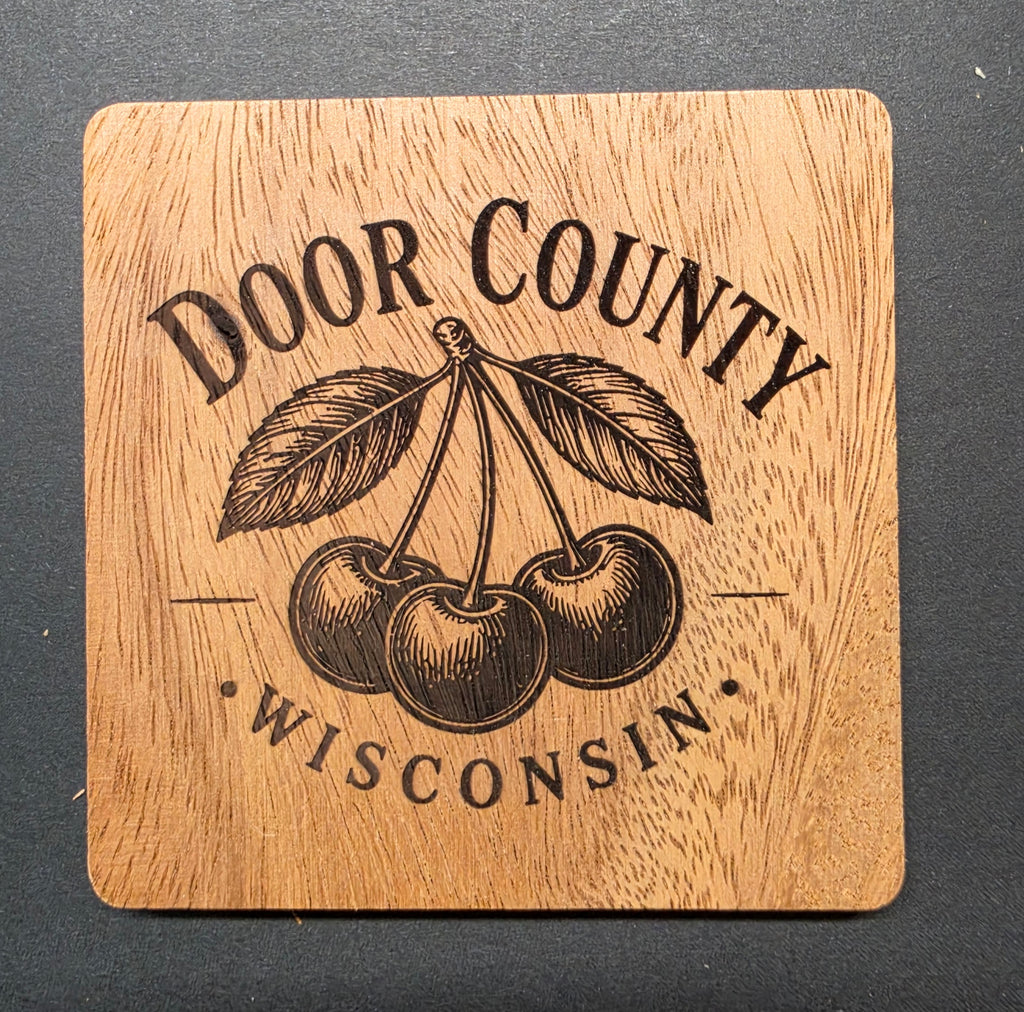 Door County Themed Laser Engraved Coasters with Metal Holder