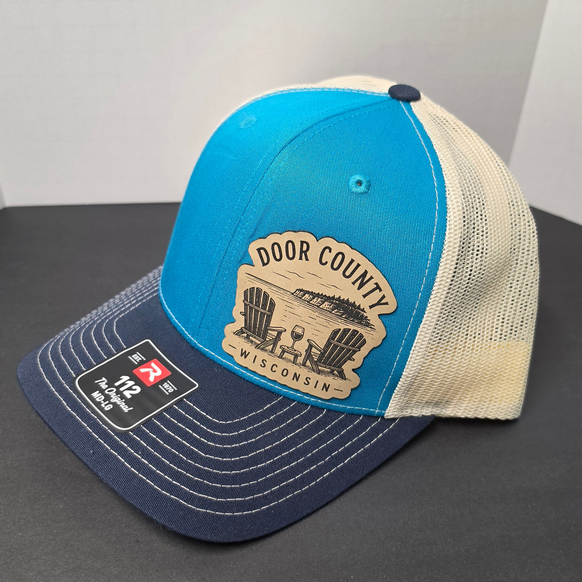 Door County Wisconsin Trucker Hat – Adirondack Chairs & Wine Leather Patch (Richardson 112)