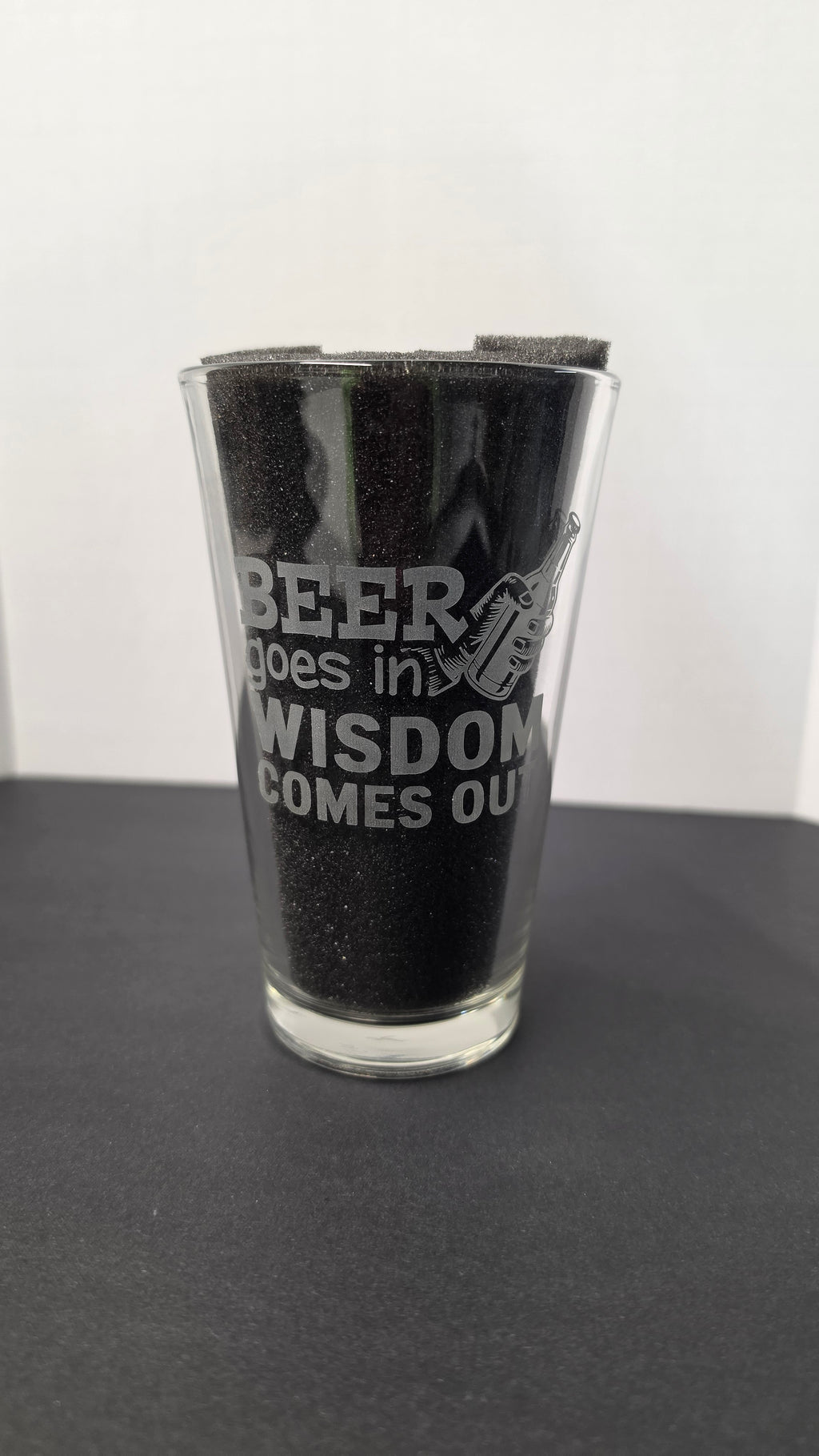Beer Goes in, Wisdom Comes Out - Funny Laser-Etched Pint Glass