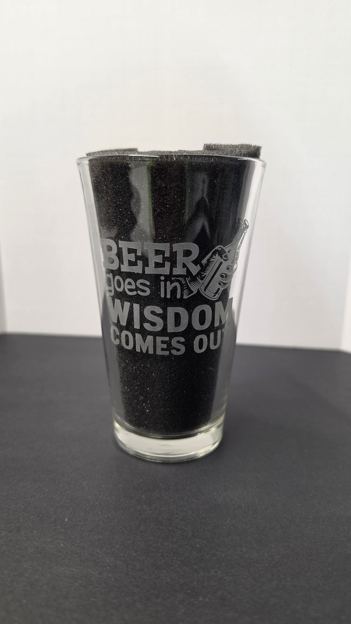 Beer Goes in, Wisdom Comes Out - Funny Laser-Etched Pint Glass