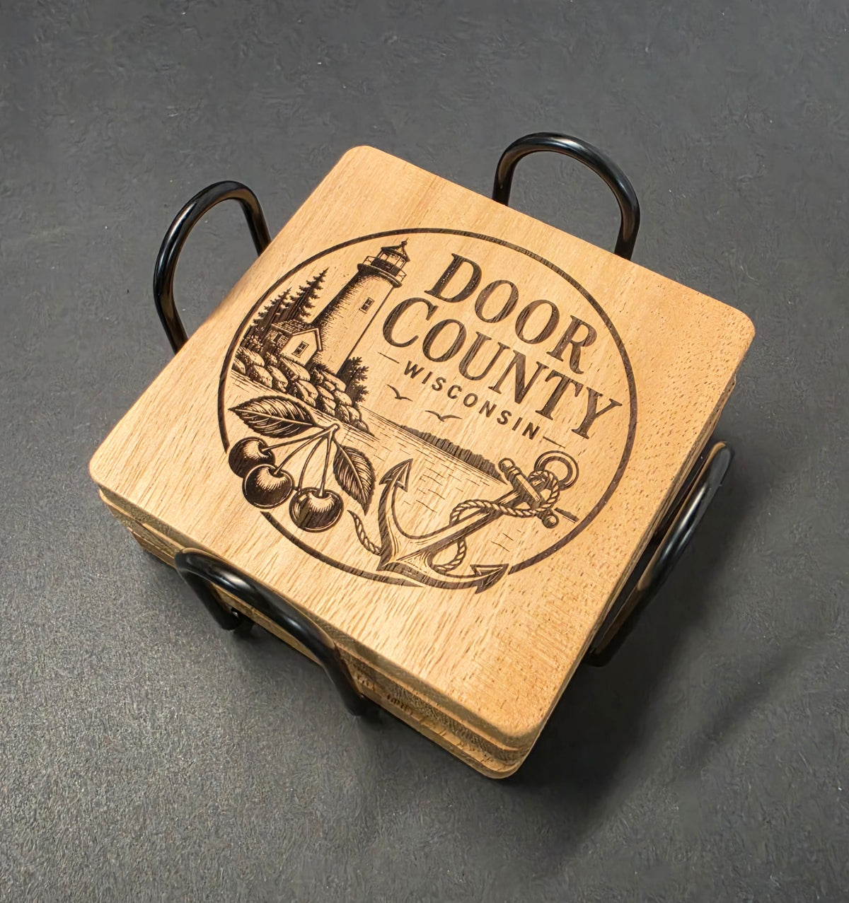 Door County Themed Laser Engraved Coasters with Metal Holder