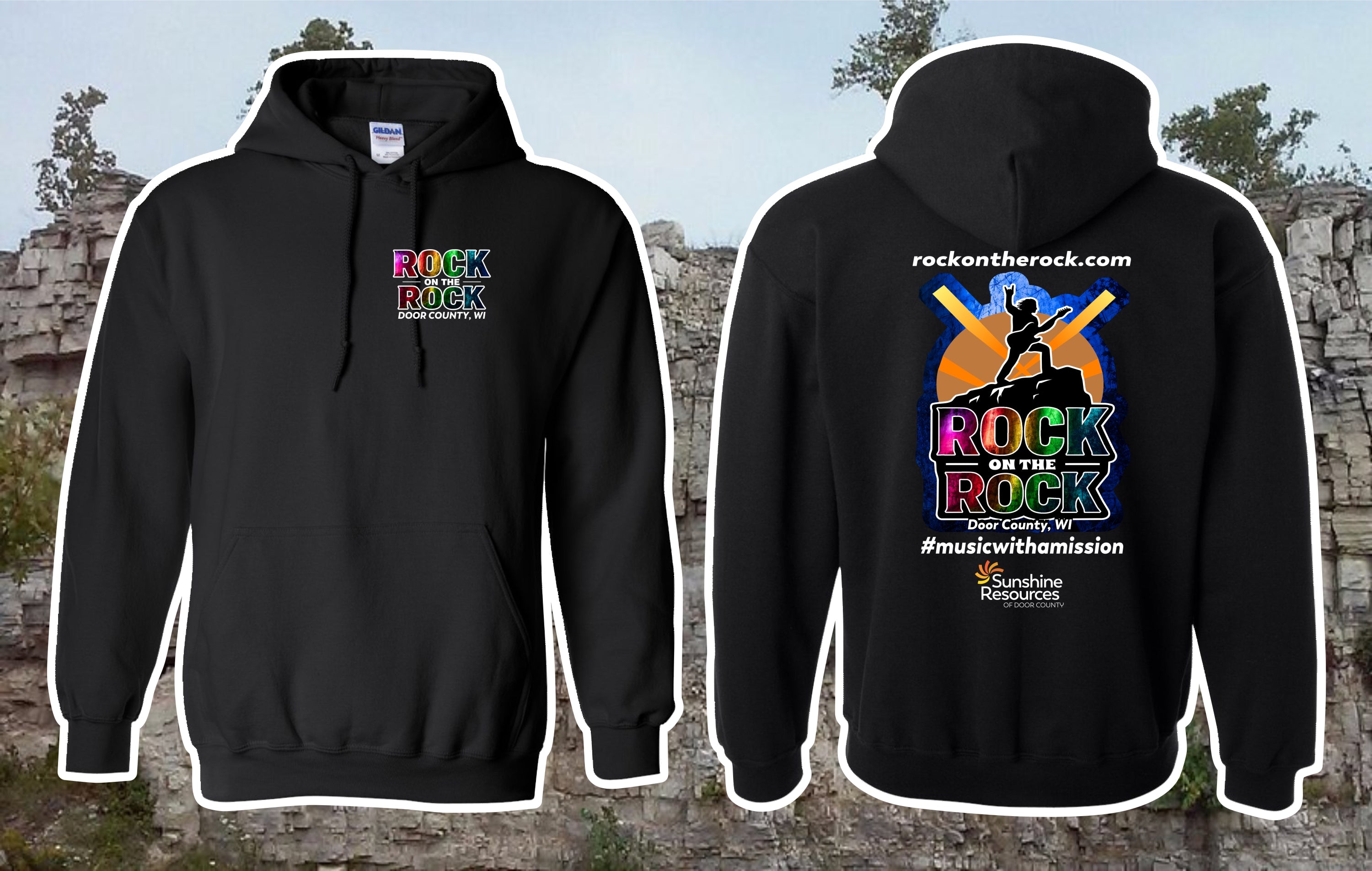 Rock on the Rock Door County Hoodie | Gildan Heavy Blend Black Sweatshirt 2026